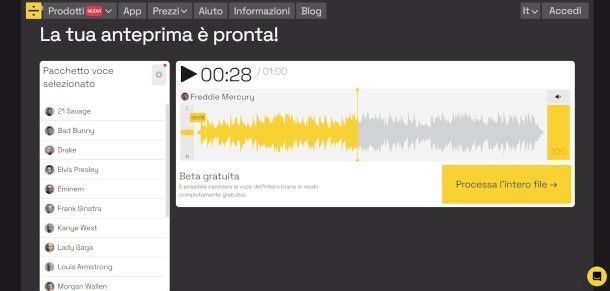 interfaccia app Voice Changer su piattaforma online LALAL.AI