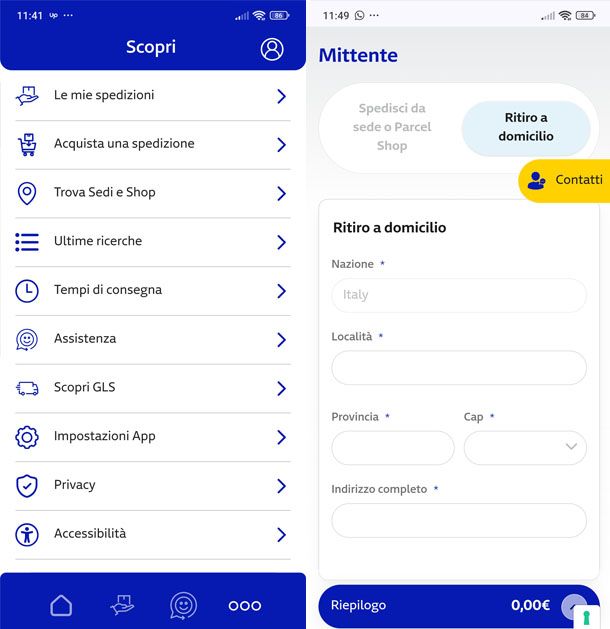 Programma ritiro spedizione GLS da app