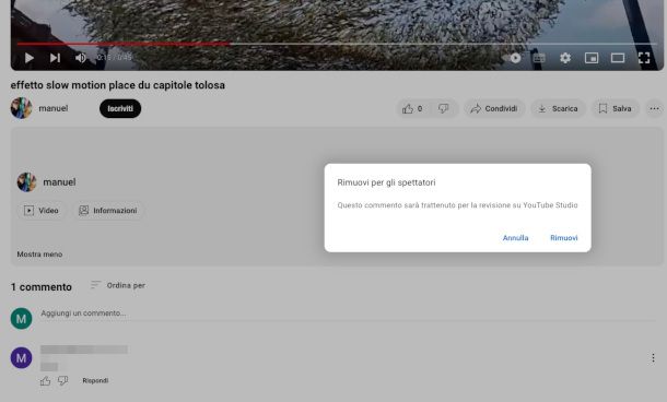 eliminazione di un commento su YouTube