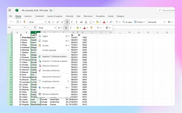 Aggiungere colonna Excel Online