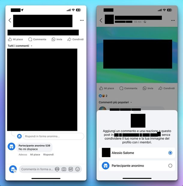 Commentare in anonimo Facebook iPhone