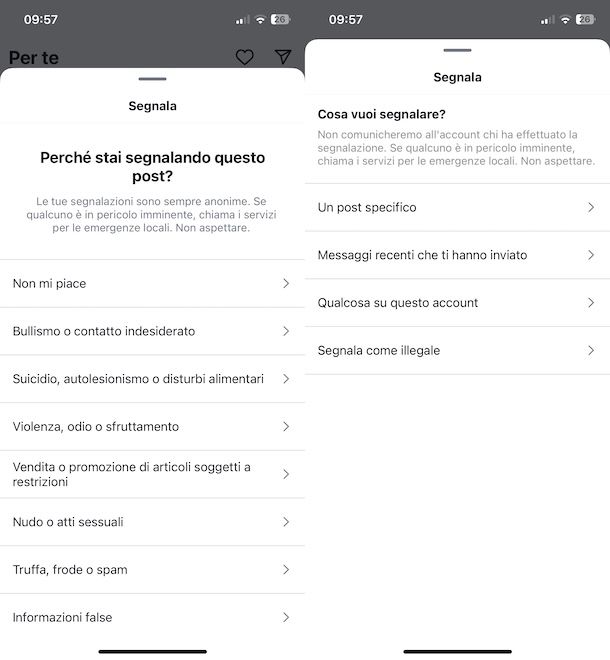 Segnalare contenuti Instagram