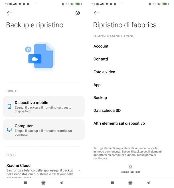 Backup e reset di fabbrica Xiaomi