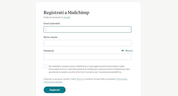 Creare account MailChimp