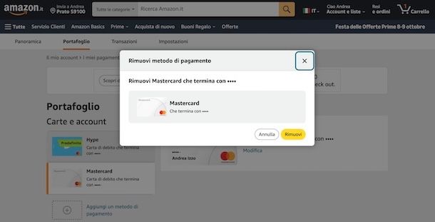 Togliere carta di pagamento da Amazon