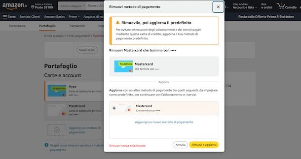 Eliminare carta di credito principale da Amazon