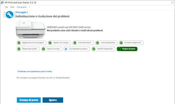 schermata pagina diagnostica software HP