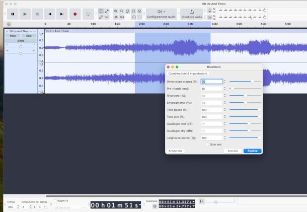 interfaccia Audacity con menu effetti