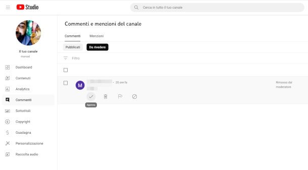 revisione commenti cancellati su YouTube