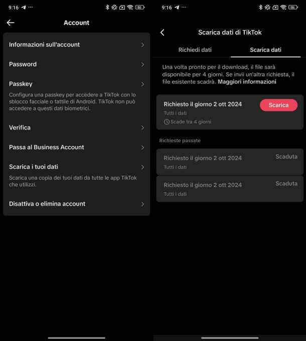 Backup dati account TikTok
