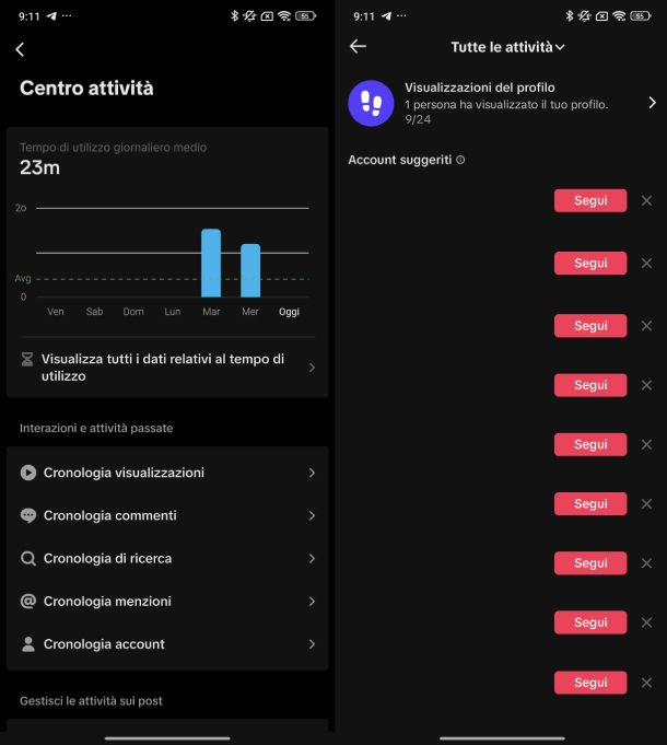 Cronologia interazioni TikTok Android