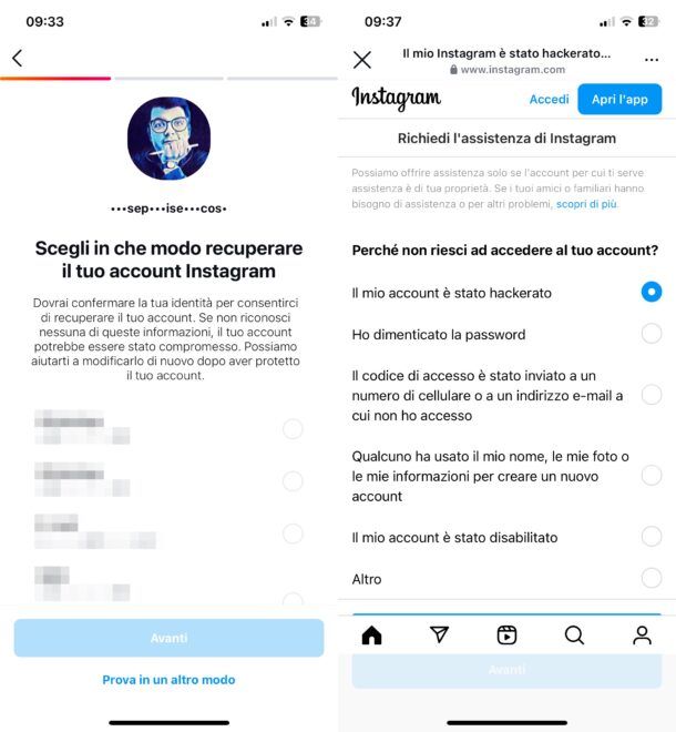 Recupero account Instagram hackerato