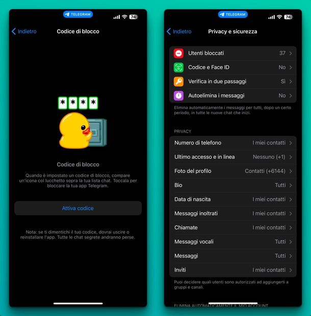 Blocco app Telegram iPhone