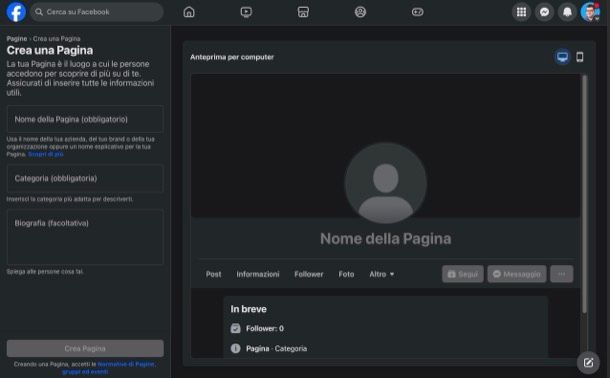 Creare pagina Facebook da computer