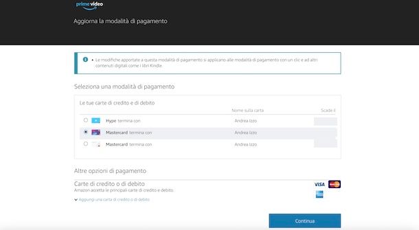 Vedere le carte di pagamento su Prime Video