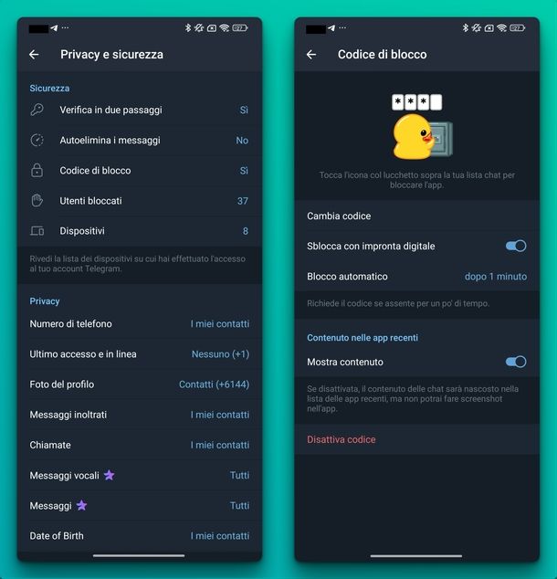 Blocco app Telegram Android