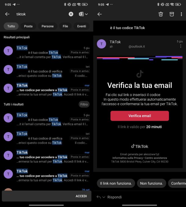 Email registrazione TikTok Outlook Android