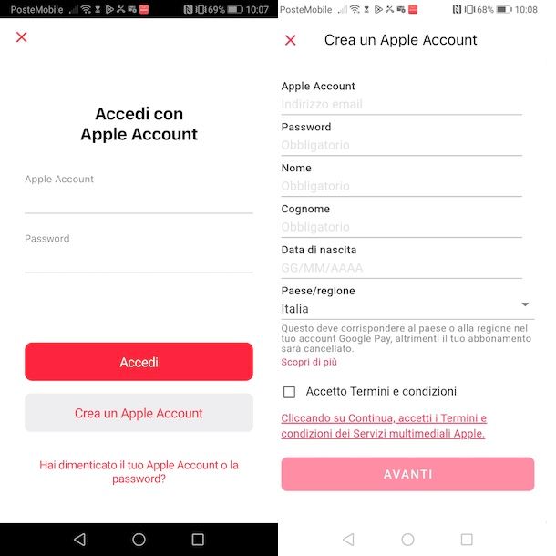 Creare account Apple da Android