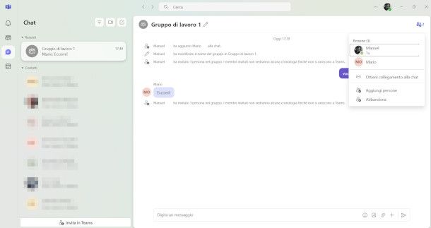 creazione gruppo chat da app Teams per PC