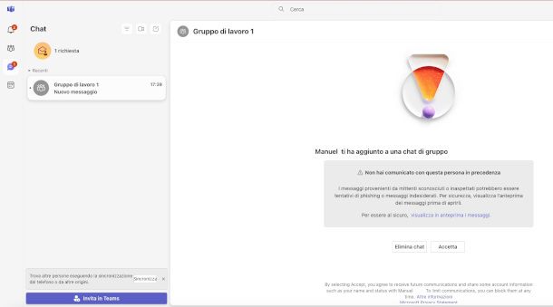 messaggio di invito alla chat di gruppo su Teams per PC
