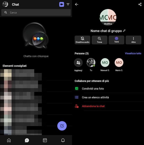 schermate app Teams per dispositivi mobili di creazione chat di gruppo