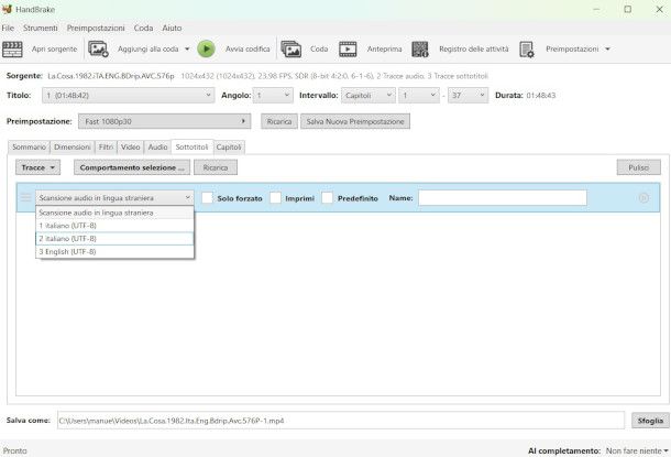 schermata Handbrake finestra gestione sottotitoli