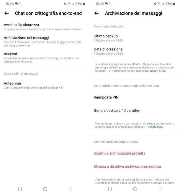 disattivare Archiviazione protetta crittografia Messenger app