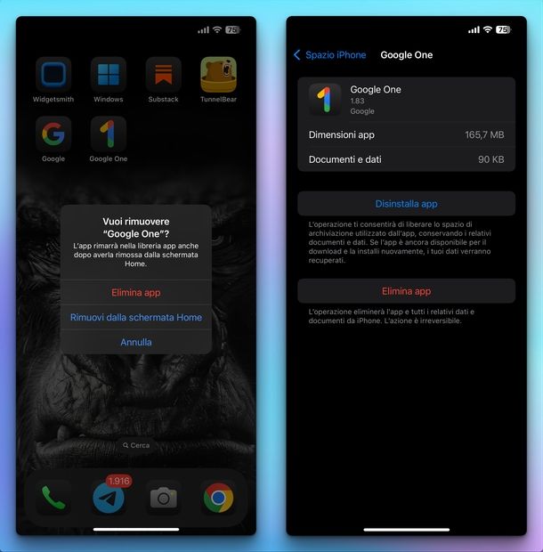 Disinstallare Google One iPhone