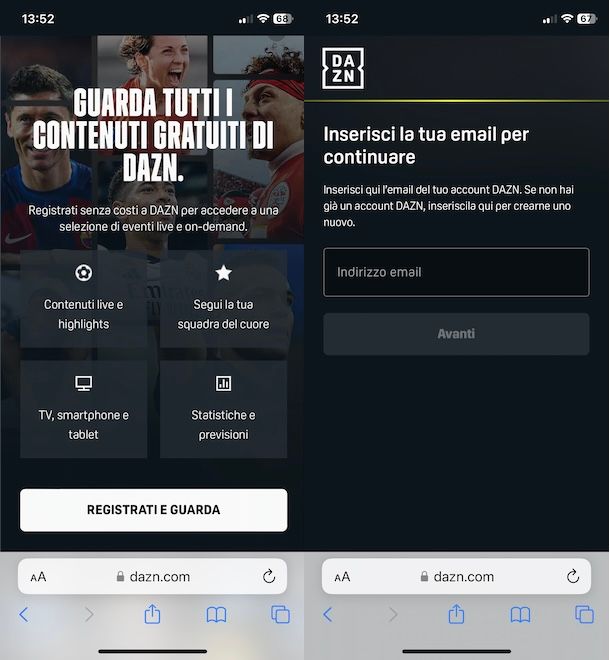 Creare account DAZN da smartphone