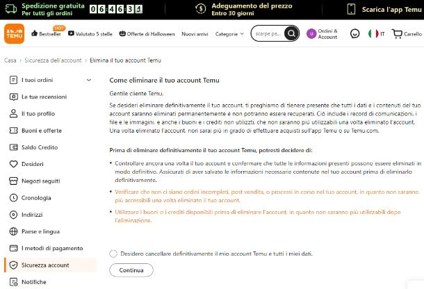 Cancellare account Temu