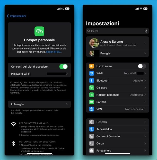 Attivare hotspot iPhone