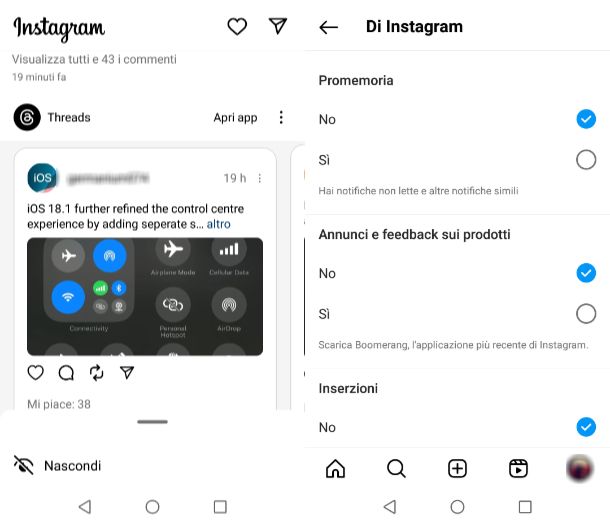 Come nascondere i post di Threads su Instagram