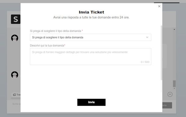 Contattare SHEIN via ticket 