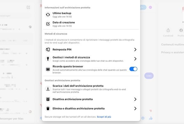 disattivare Archiviazione protetta crittografia Messenger PC