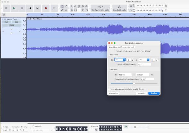 modifica tonalità canzone su Audacity