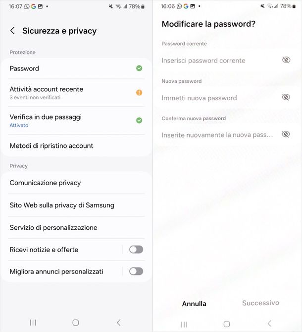 come cambiare password Samsung account smartphone