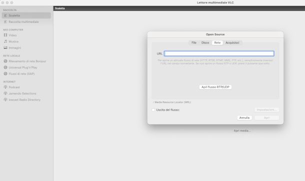 schermata VLC per caricamento flusso di rete