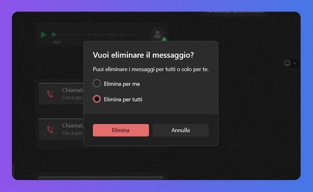 Eliminare messaggio vocale WhatsApp Windows