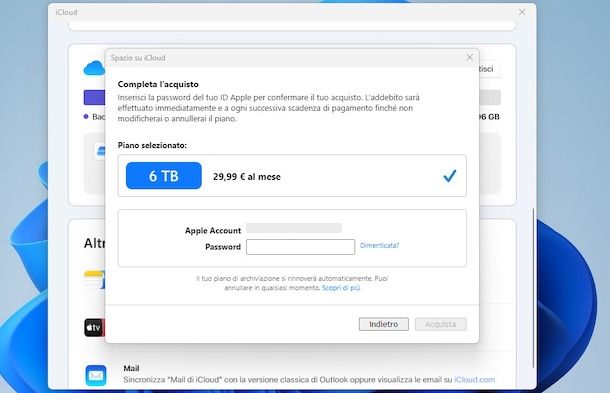 Acquistare spazio iCloud da PC Windows