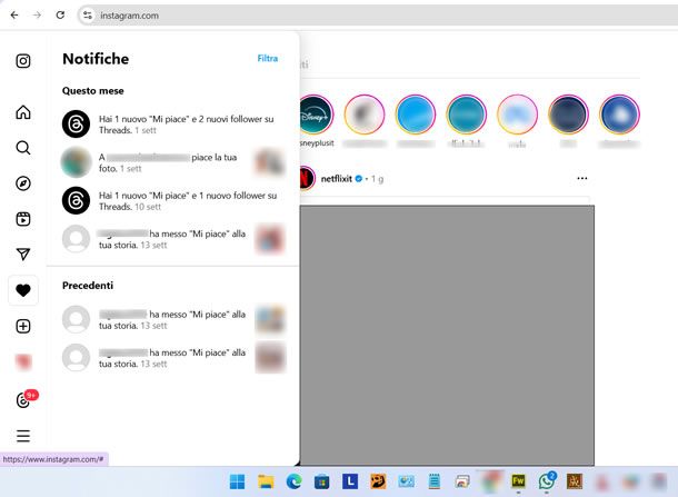 come vedere la cronologia delle notifiche Instagram PC