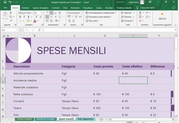 excel spese