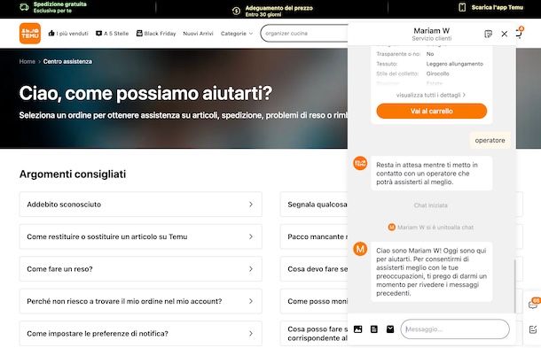 Come parlare con un operatore Temu da computer