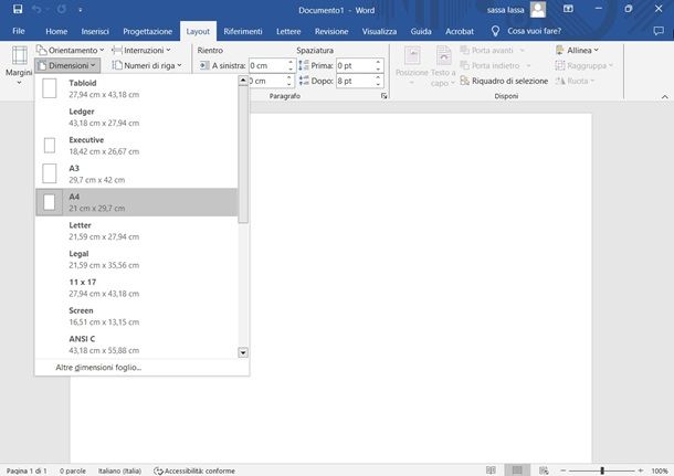 dimensione pagina word
