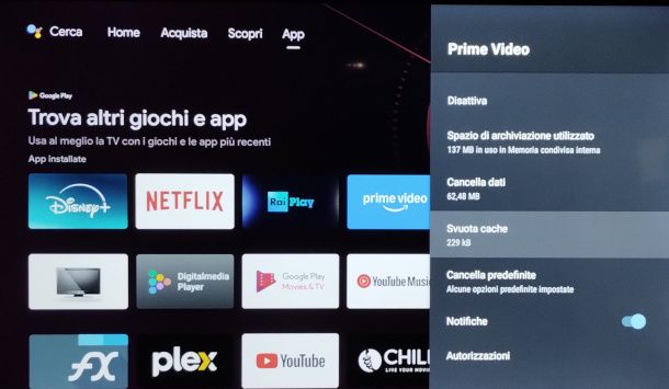 cancellazione cache su app Prime Video smart TV