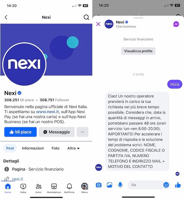 Contattare Nexi tramite Facebook