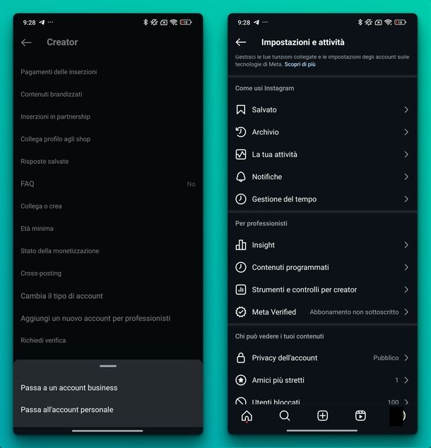 Cambiare tipo account Instagram Android