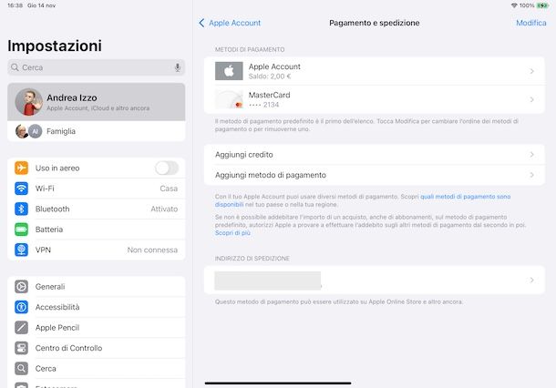 Impostare metodo di pagamento iPad