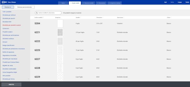scelta del modello su sito Avery