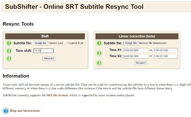 interfaccia Web app subtitle shifter