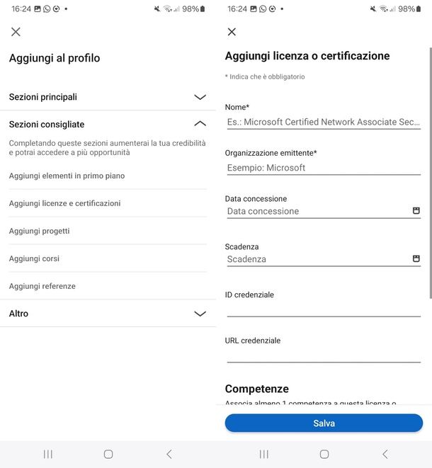 come aggiungere certificazioni su LinkedIn app